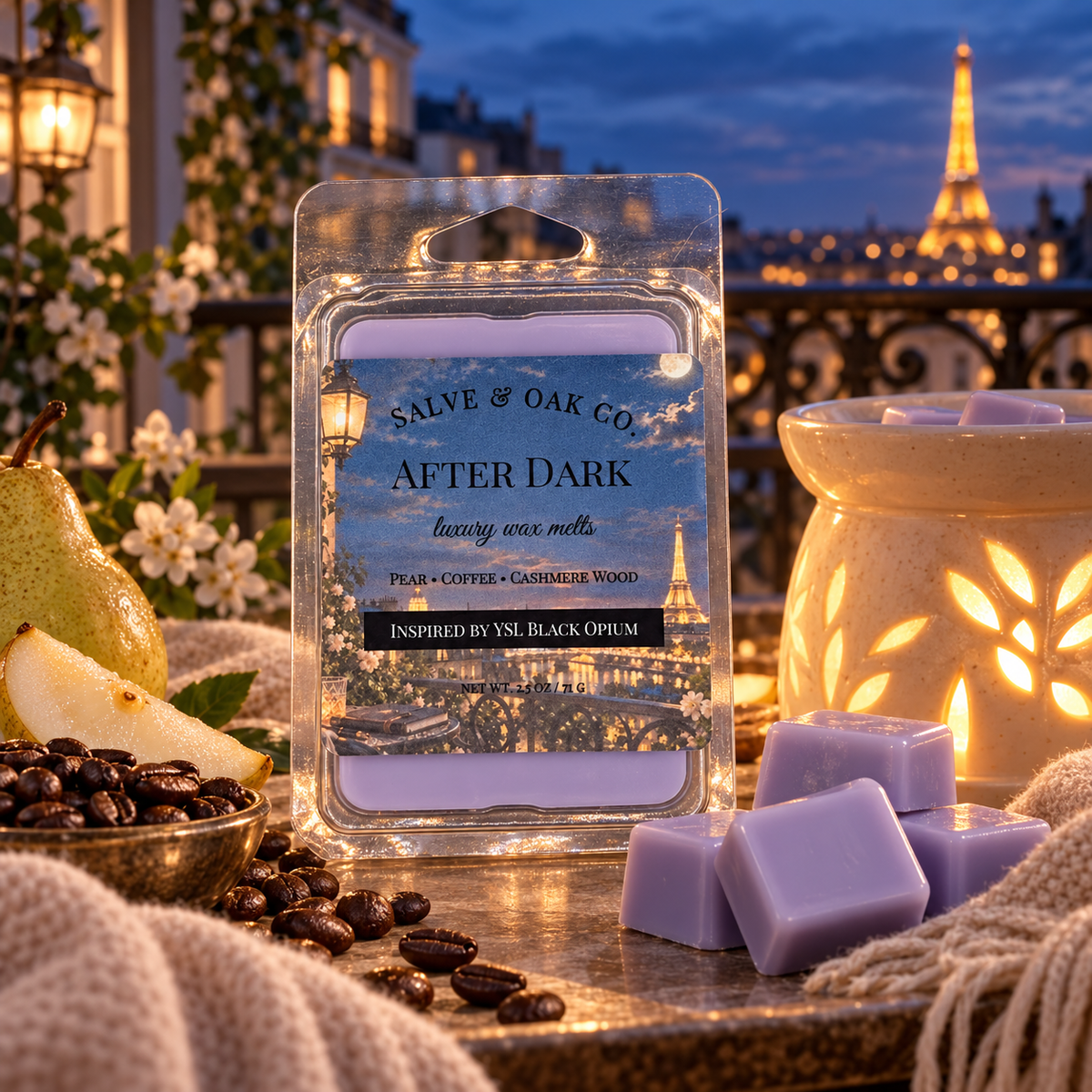 After Dark wax melts with pear, coffee beans, soft fabric, and a glowing warmer overlooking Paris at dusk.