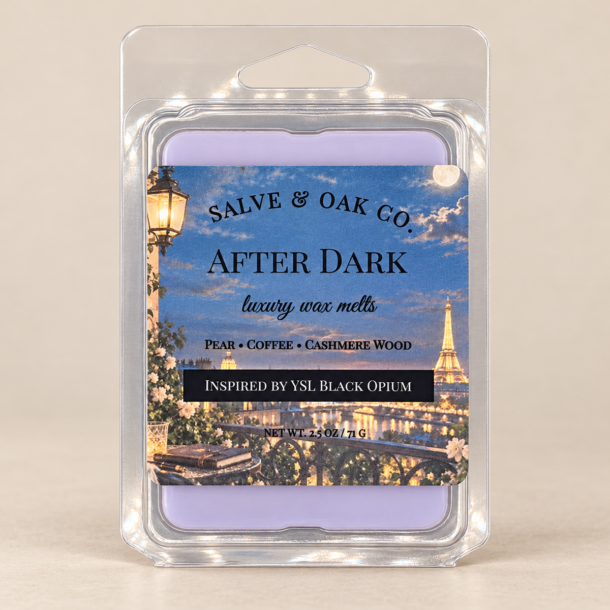 Salve & Oak Co. After Dark wax melt clamshell with lavender wax and a Paris evening label against a cream background.