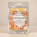 Salve & Oak Co. Autumn Breakfast soy wax melt clamshell with golden yellow wax and a waffle-themed label against a cream background.