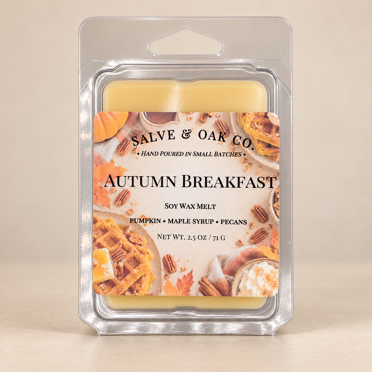 Salve & Oak Co. Autumn Breakfast soy wax melt clamshell with golden yellow wax and a waffle-themed label against a cream background.
