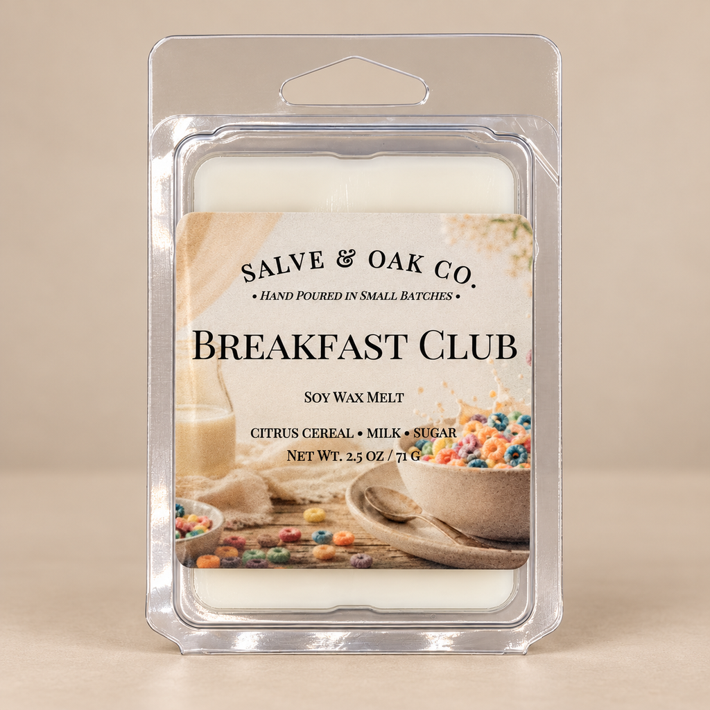 Salve & Oak Co. Breakfast Club soy wax melt clamshell with ivory wax and a colorful cereal label against a cream background.