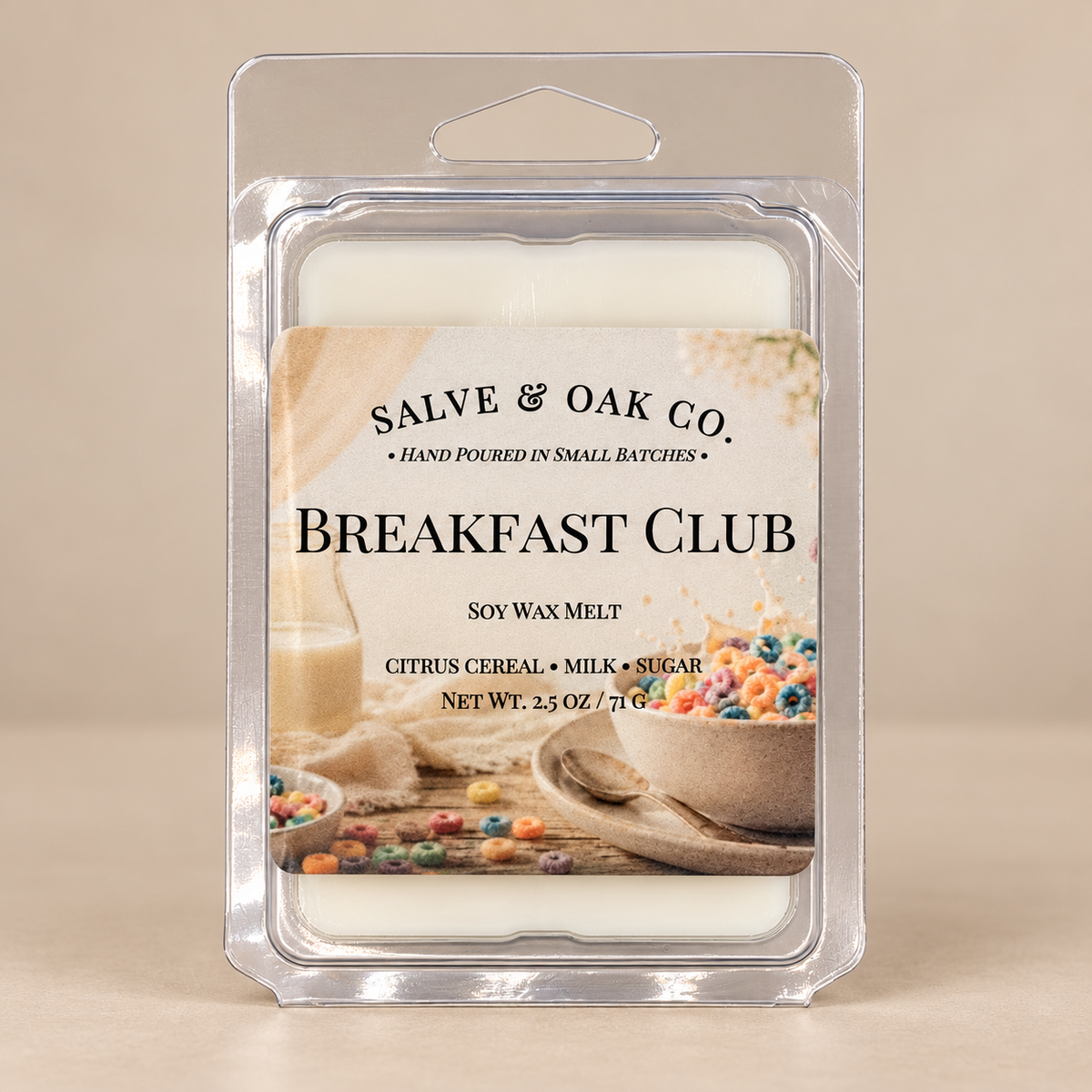 Salve & Oak Co. Breakfast Club soy wax melt clamshell with ivory wax and a colorful cereal label against a cream background.