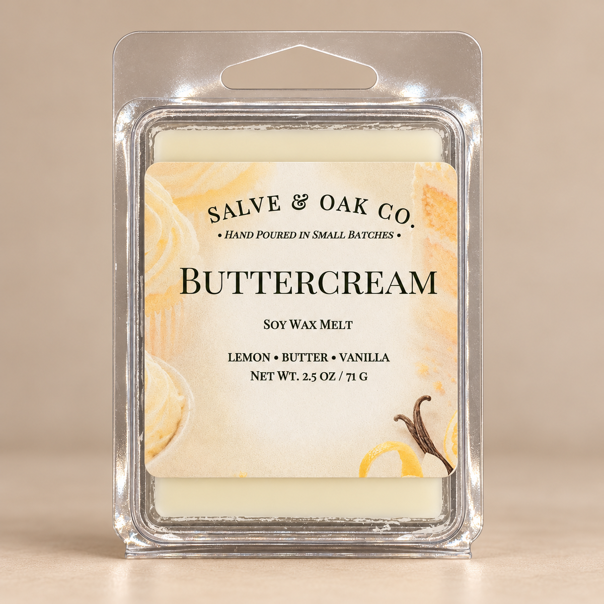 Salve & Oak Co. Buttercream soy wax melt clamshell with pale yellow wax and a cream-and-yellow label against a neutral background.