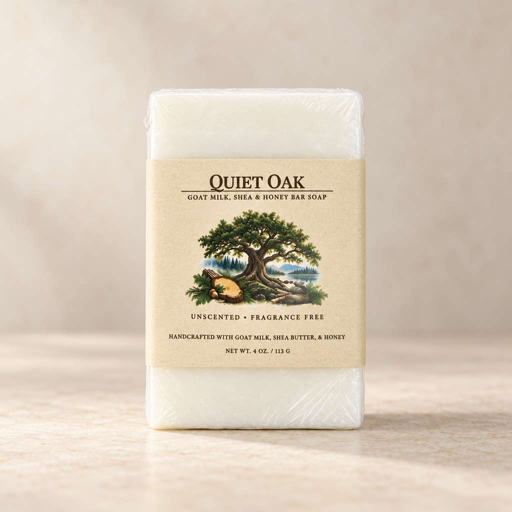 Quiet Oak unscented Goat Milk, Shea and Honey Bar Soap in sealed Salve & Oak Co. packaging