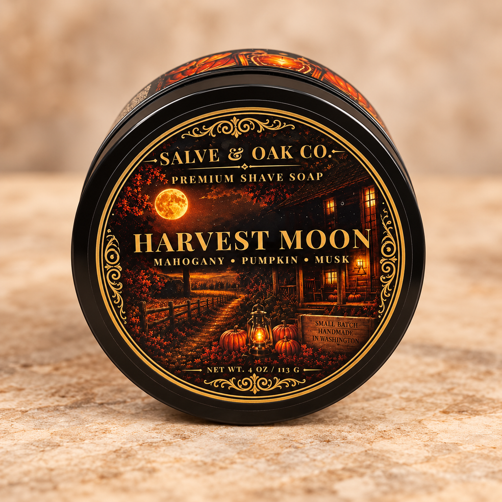 Harvest Moon premium shave soap by Salve & Oak Co. in black tub with moonlit autumn cabin, pumpkin, mahogany, and musk label