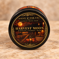 Harvest Moon premium shave soap by Salve & Oak Co. in black tub with moonlit autumn cabin, pumpkin, mahogany, and musk label