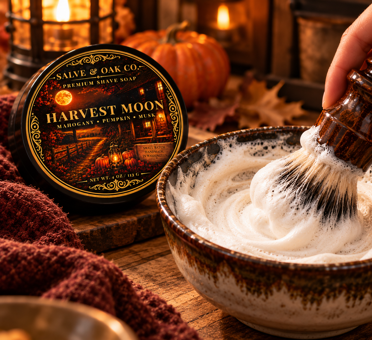 Harvest Moon shave soap beside a lathered shave bowl, shaving brush, razor, and warm autumn grooming setup