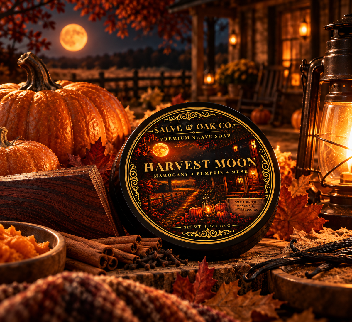 Harvest Moon shave soap surrounded by pumpkins, autumn leaves, warm lantern light, dark woods, and a glowing harvest moon