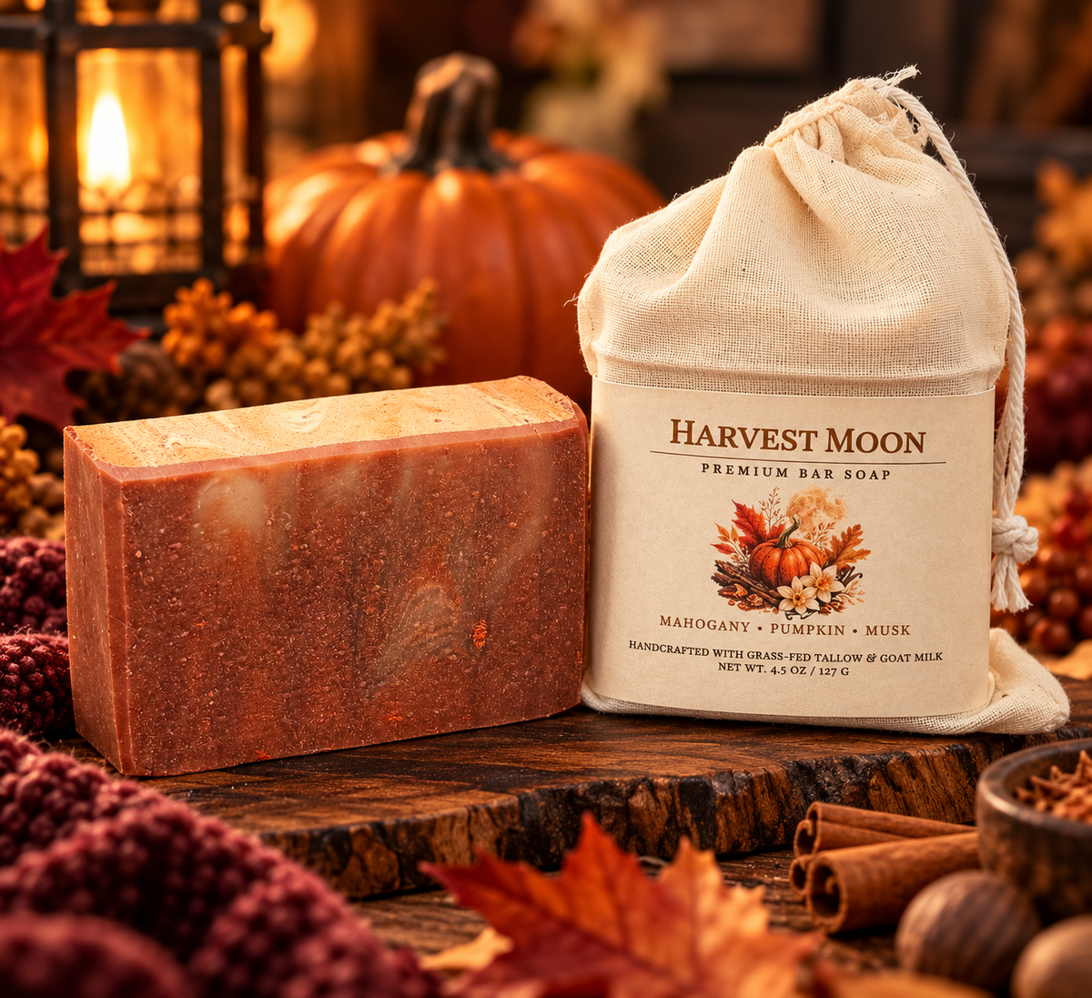 Harvest Moon grass-fed tallow and goat milk bar soap styled with pumpkin, cinnamon, nutmeg, clove, mahogany and warm autumn accents
