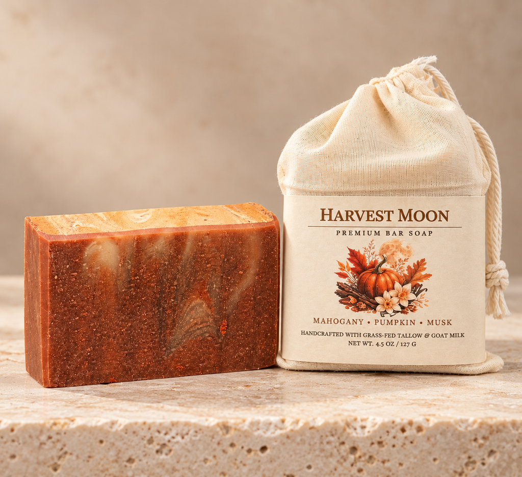 Harvest Moon grass-fed tallow and goat milk bar soap beside its muslin packaging on a warm neutral background