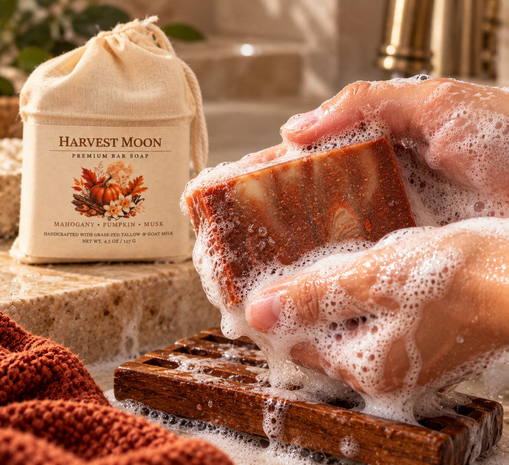 Harvest Moon grass-fed tallow and goat milk bar soap being lathered by hand with creamy suds
