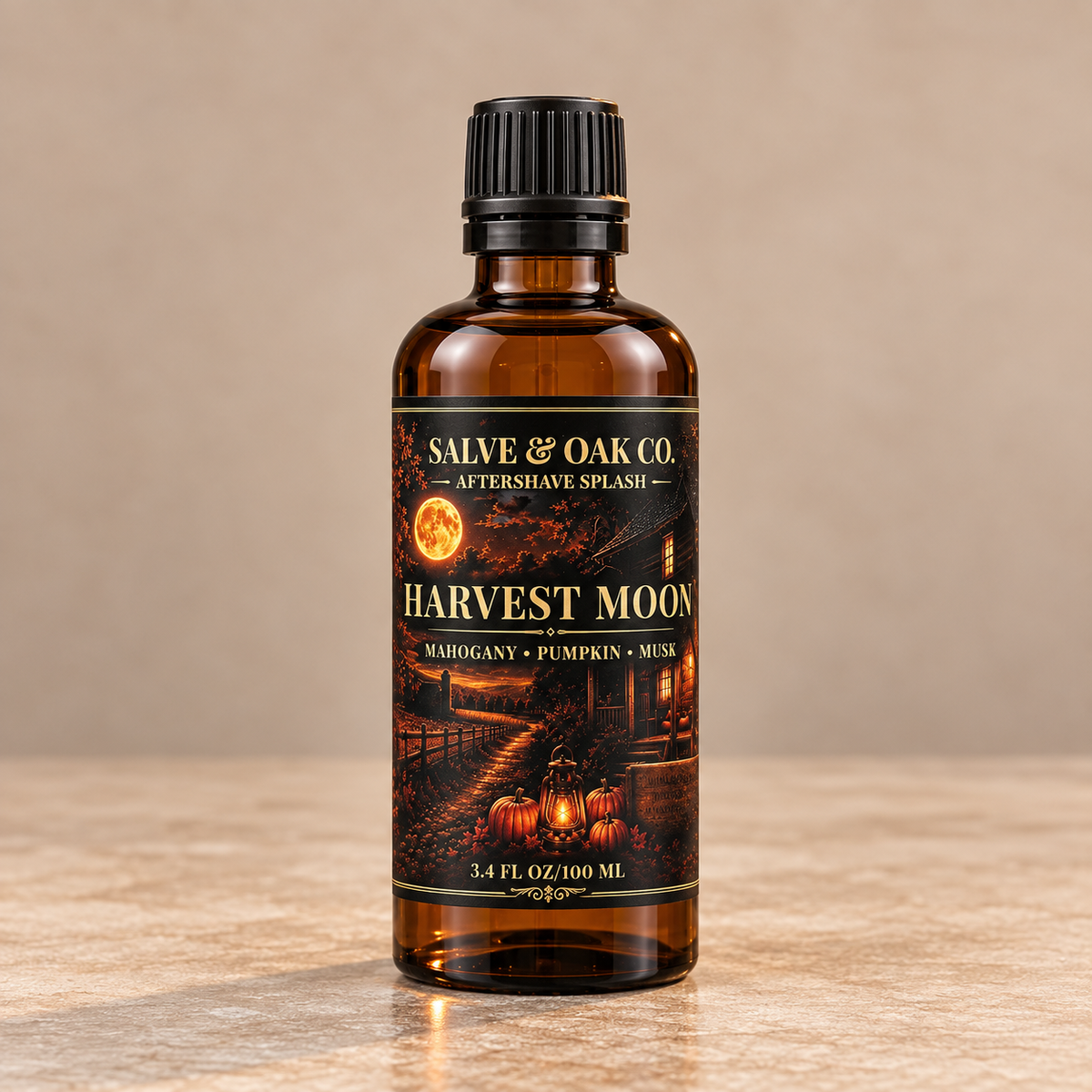 Salve & Oak Co. Harvest Moon aftershave splash in amber glass bottle