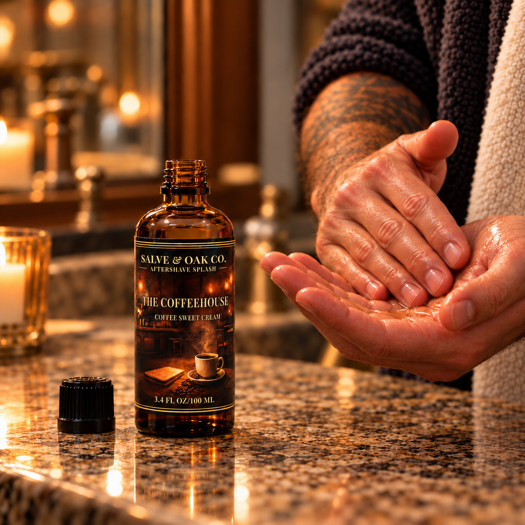 The Coffeehouse aftershave splash beside hands applying aftershave in a warm bathroom