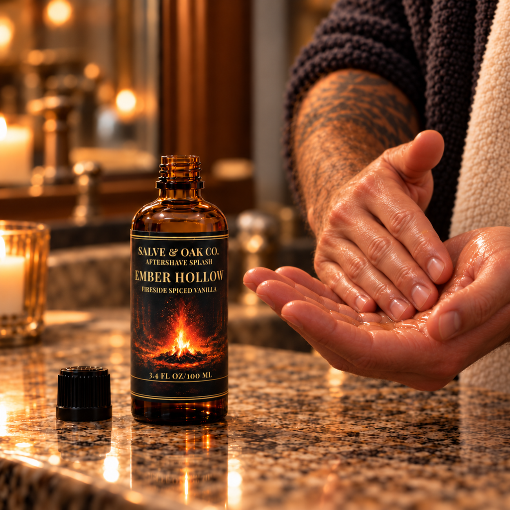 Ember Hollow aftershave splash beside hands applying aftershave in a warm bathroom