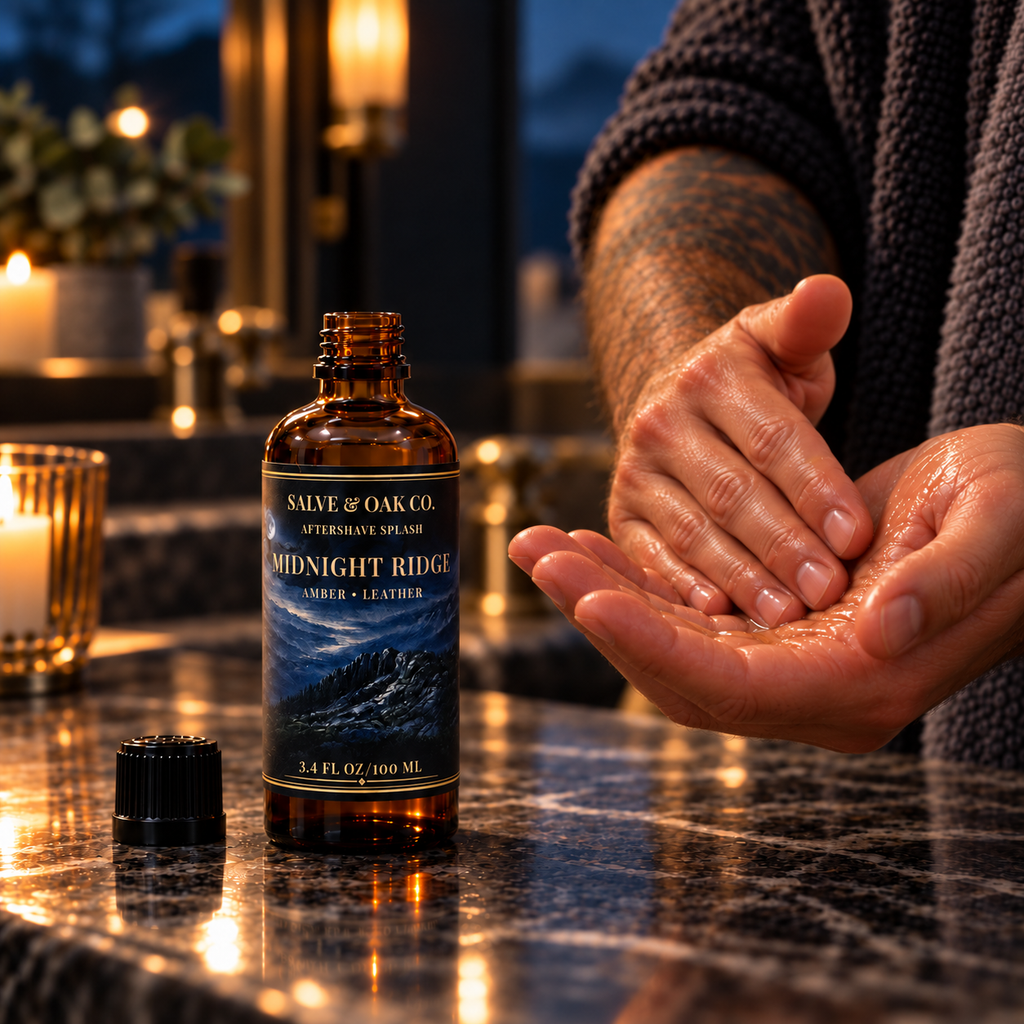 Midnight Ridge aftershave splash beside hands applying aftershave in a warm bathroom