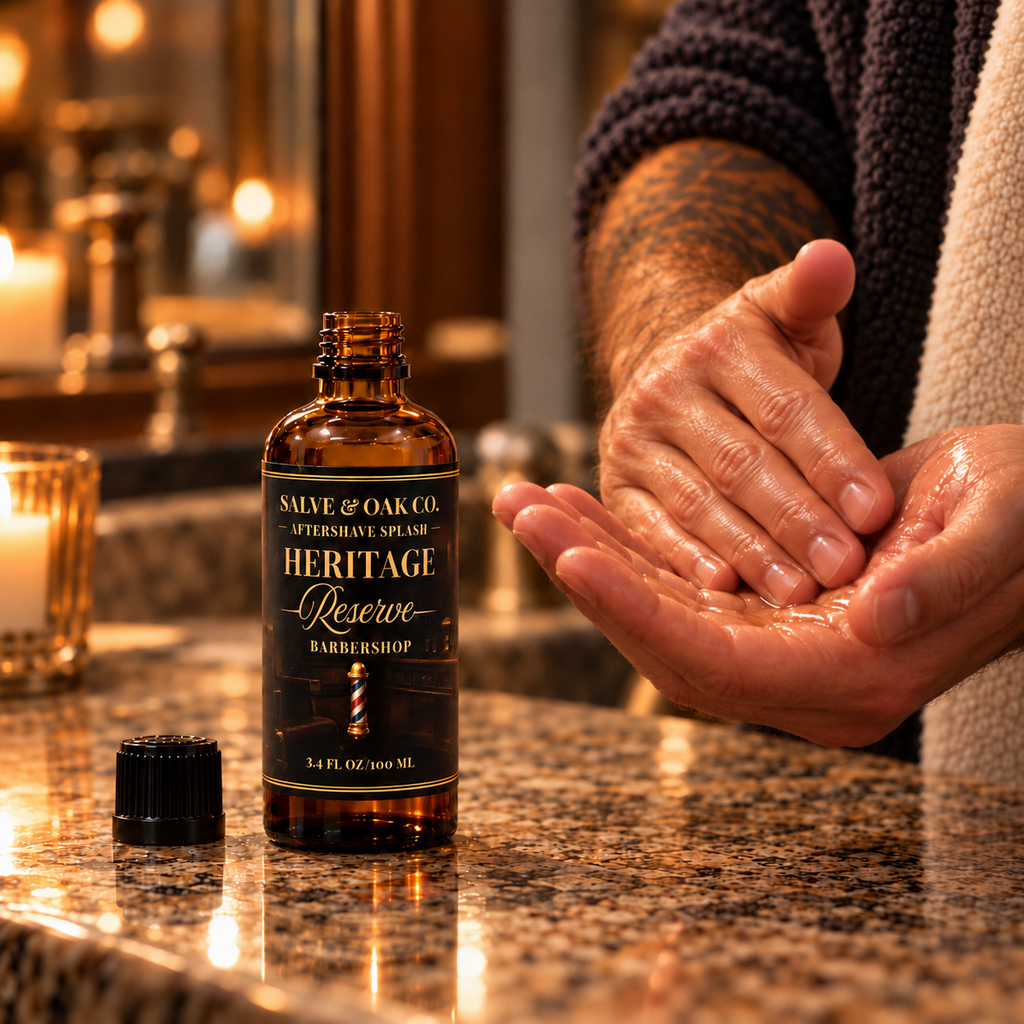 Heritage Reserve aftershave splash beside hands applying aftershave in a warm bathroom