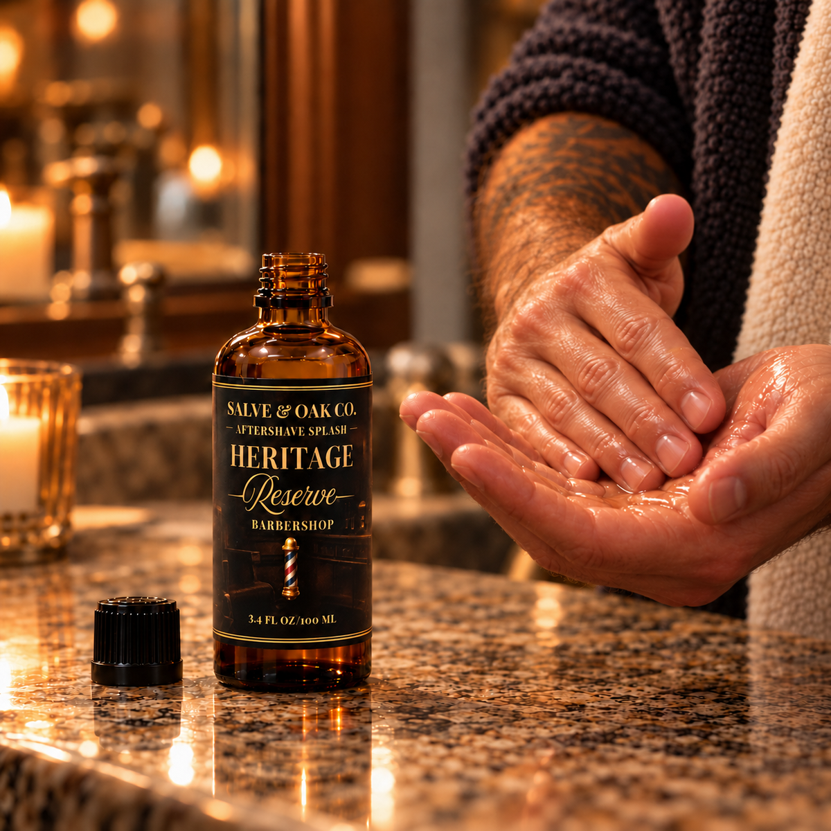 Heritage Reserve aftershave splash beside hands applying aftershave in a warm bathroom