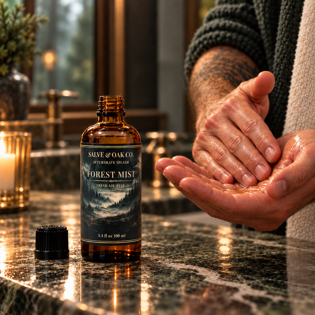 Forest Mist aftershave splash beside hands applying aftershave in a warm bathroom