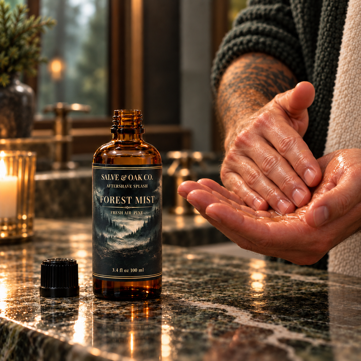 Forest Mist aftershave splash beside hands applying aftershave in a warm bathroom