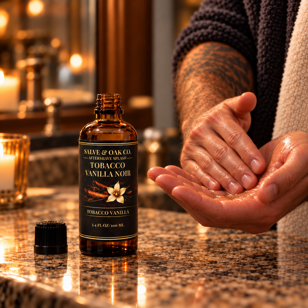 Tobacco Vanilla Noir aftershave splash beside hands applying aftershave in a warm bathroom