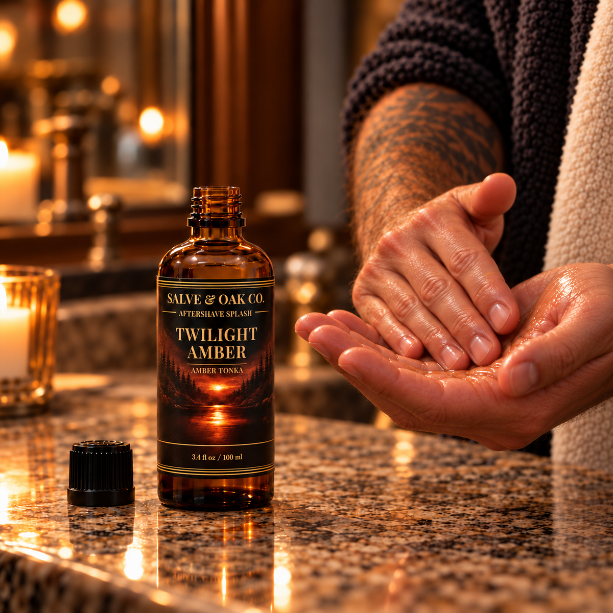 Twilight Amber aftershave splash beside hands applying aftershave in a warm bathroom