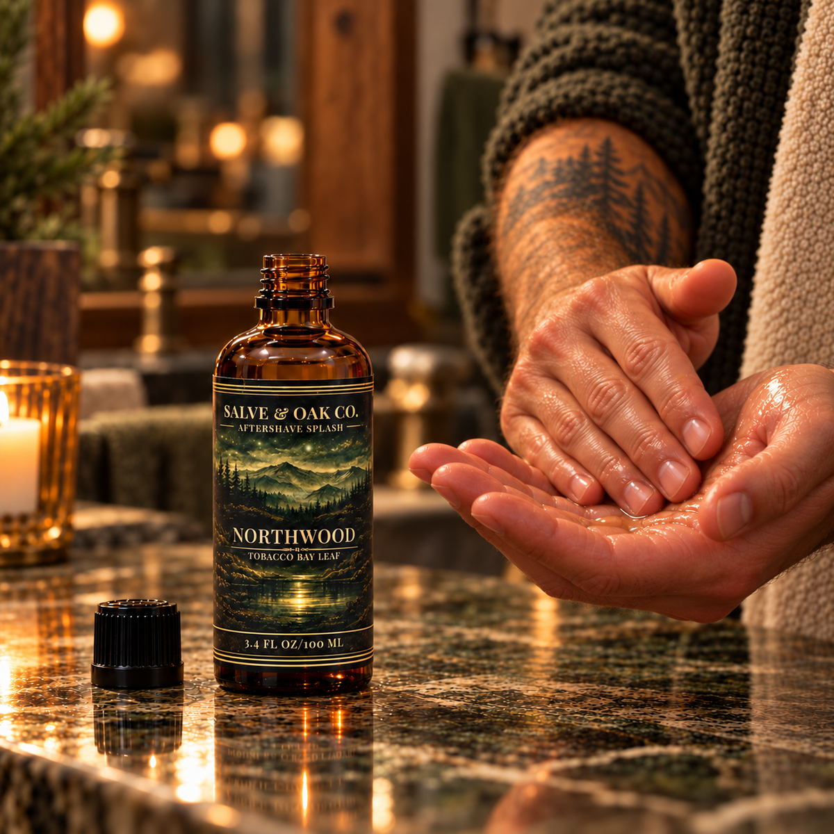 Northwood aftershave splash beside hands applying aftershave in a warm bathroom