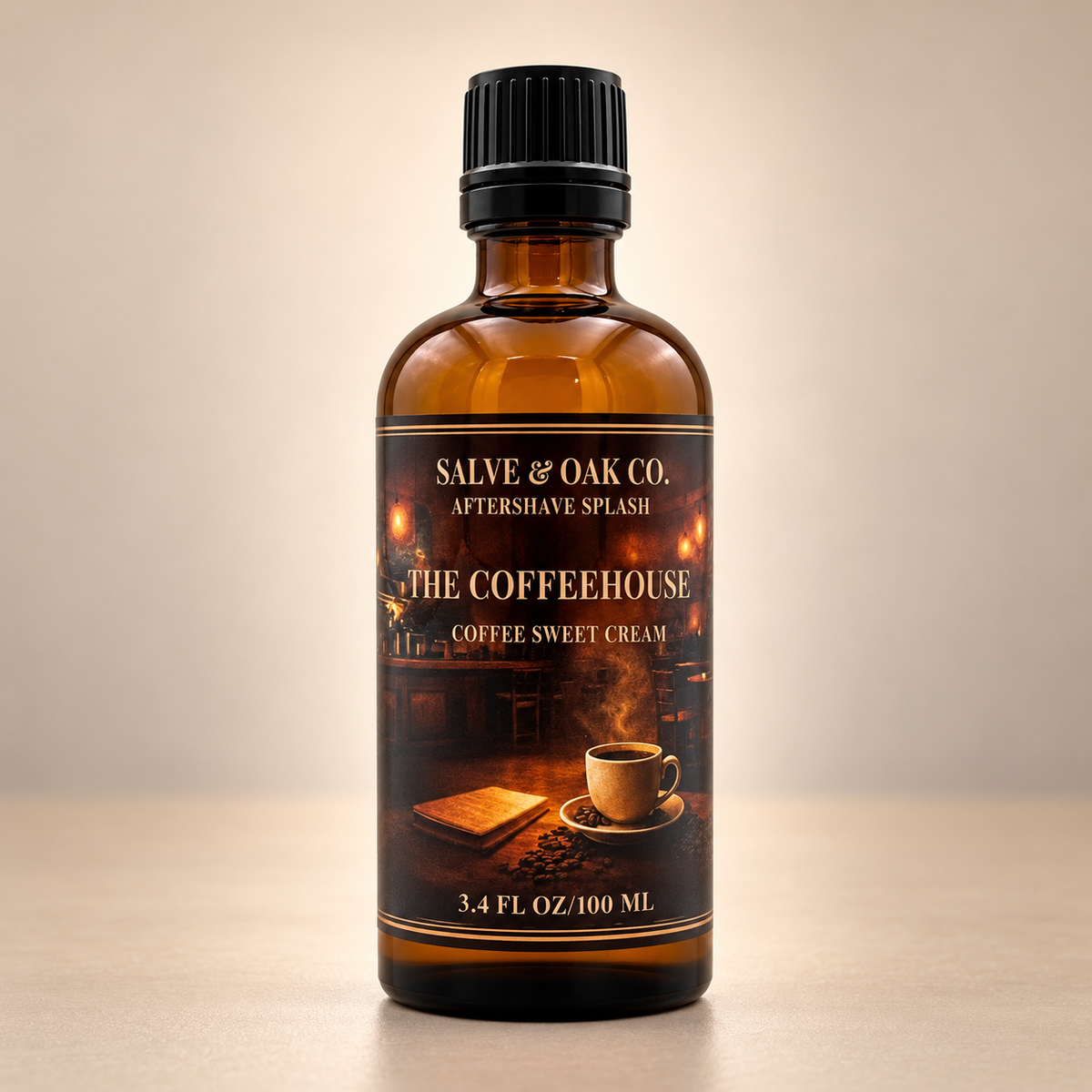 Salve & Oak Co. The Coffeehouse aftershave splash in amber glass bottle