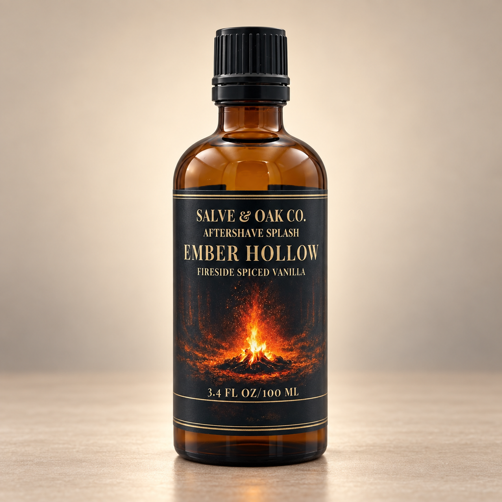 Ember Hollow aftershave splash beside hands applying aftershave in a warm bathroom