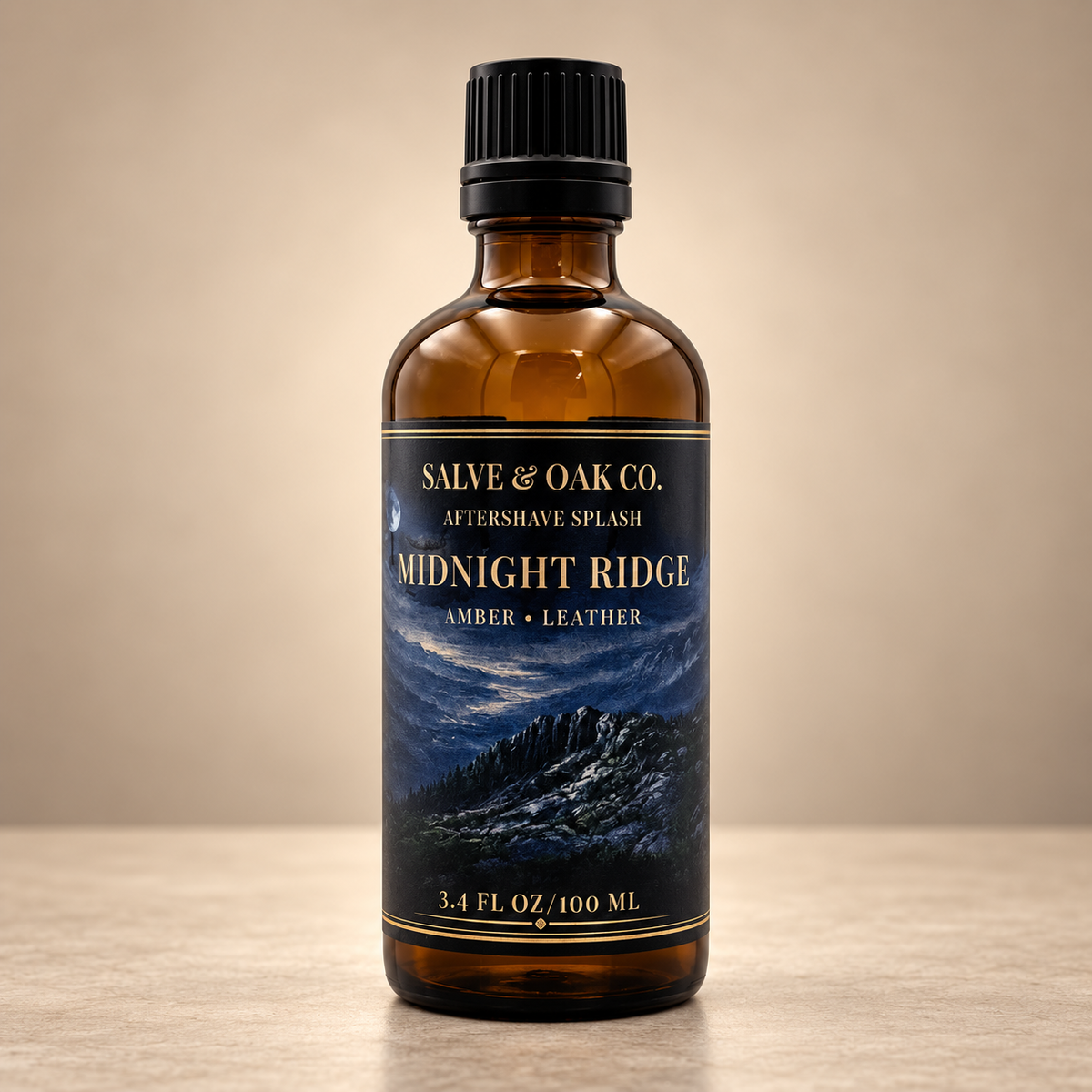 Salve & Oak Co. Midnight Ridge aftershave splash in amber glass bottle