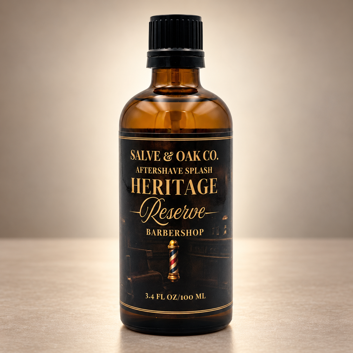Salve & Oak Co. Heritage Reserve barbershop aftershave splash in amber glass bottle