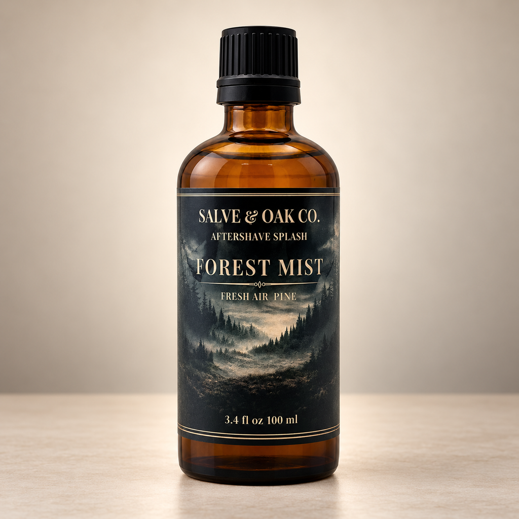Salve & Oak Co. Forest Mist aftershave splash in amber glass bottle