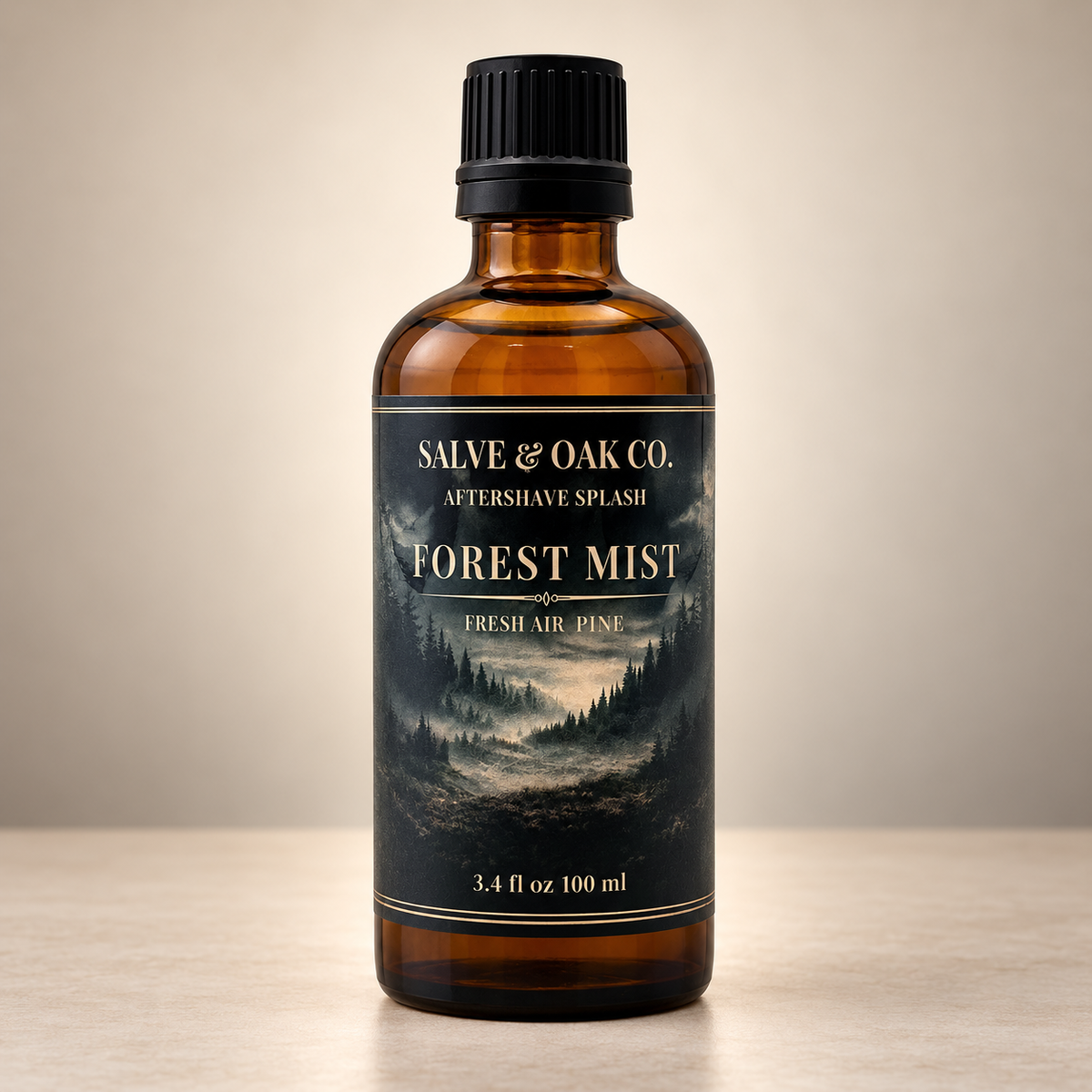 Salve & Oak Co. Forest Mist aftershave splash in amber glass bottle
