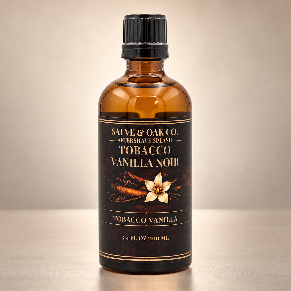 Salve & Oak Co. Tobacco Vanilla Noir aftershave splash in amber glass bottle