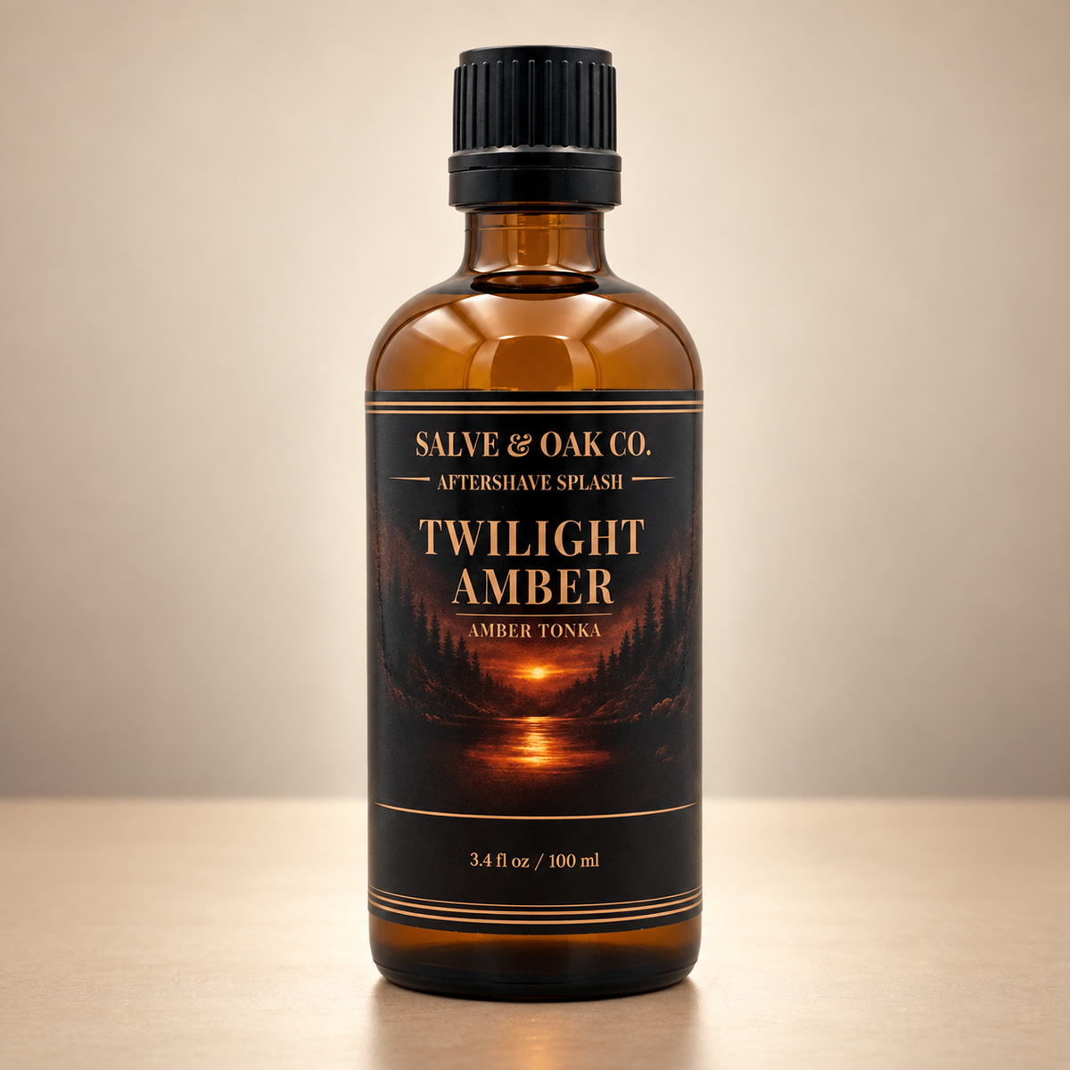 Salve & Oak Co. Twilight Amber aftershave splash in amber glass bottle
