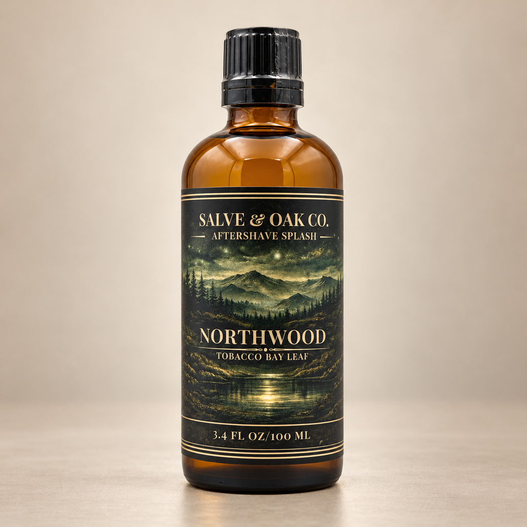 Salve & Oak Co. Northwood aftershave splash in amber glass bottle
