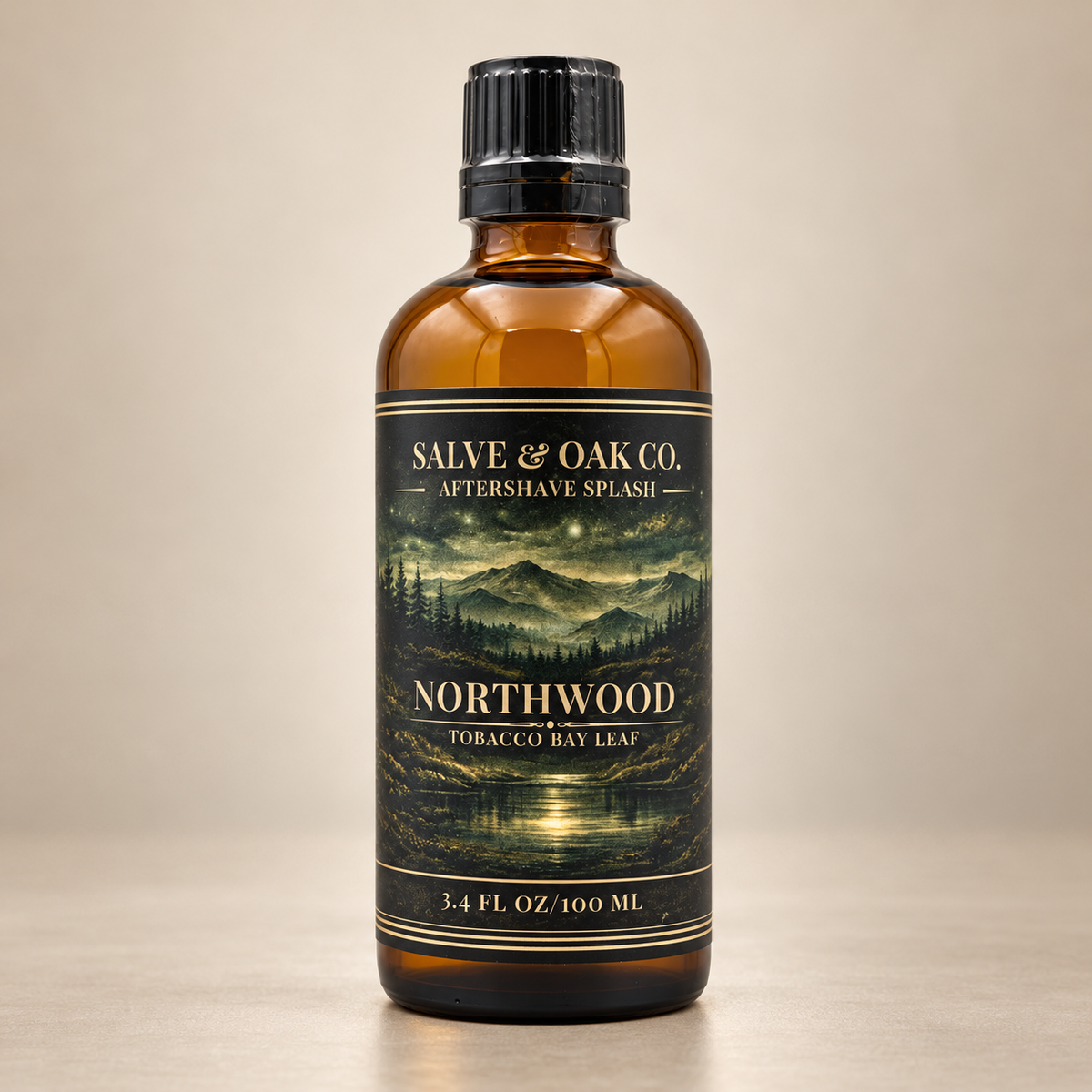 Salve & Oak Co. Northwood aftershave splash in amber glass bottle