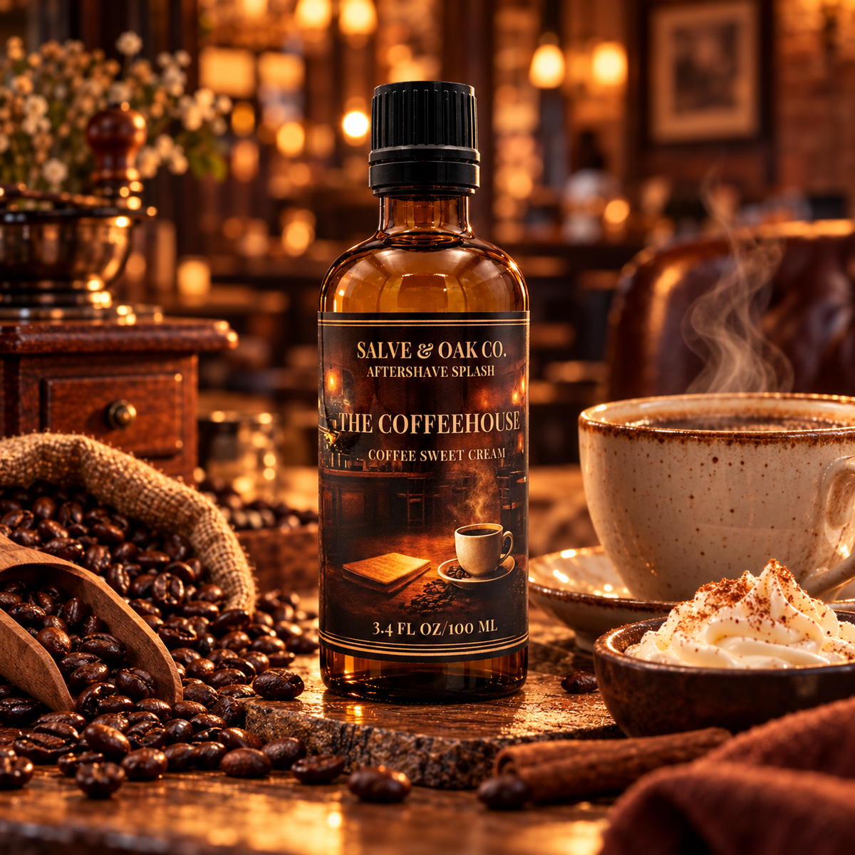 The Coffeehouse aftershave splash surrounded by roasted coffee beans, coffee and sweet cream
