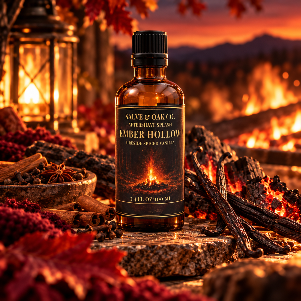 Ember Hollow aftershave splash in a glowing fireside scene with vanilla and warm spices