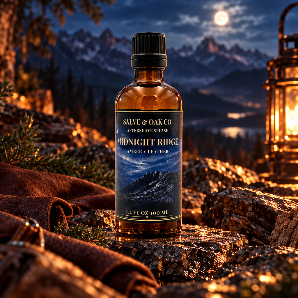 Midnight Ridge aftershave splash in a moonlit mountain landscape with amber and leather tones
