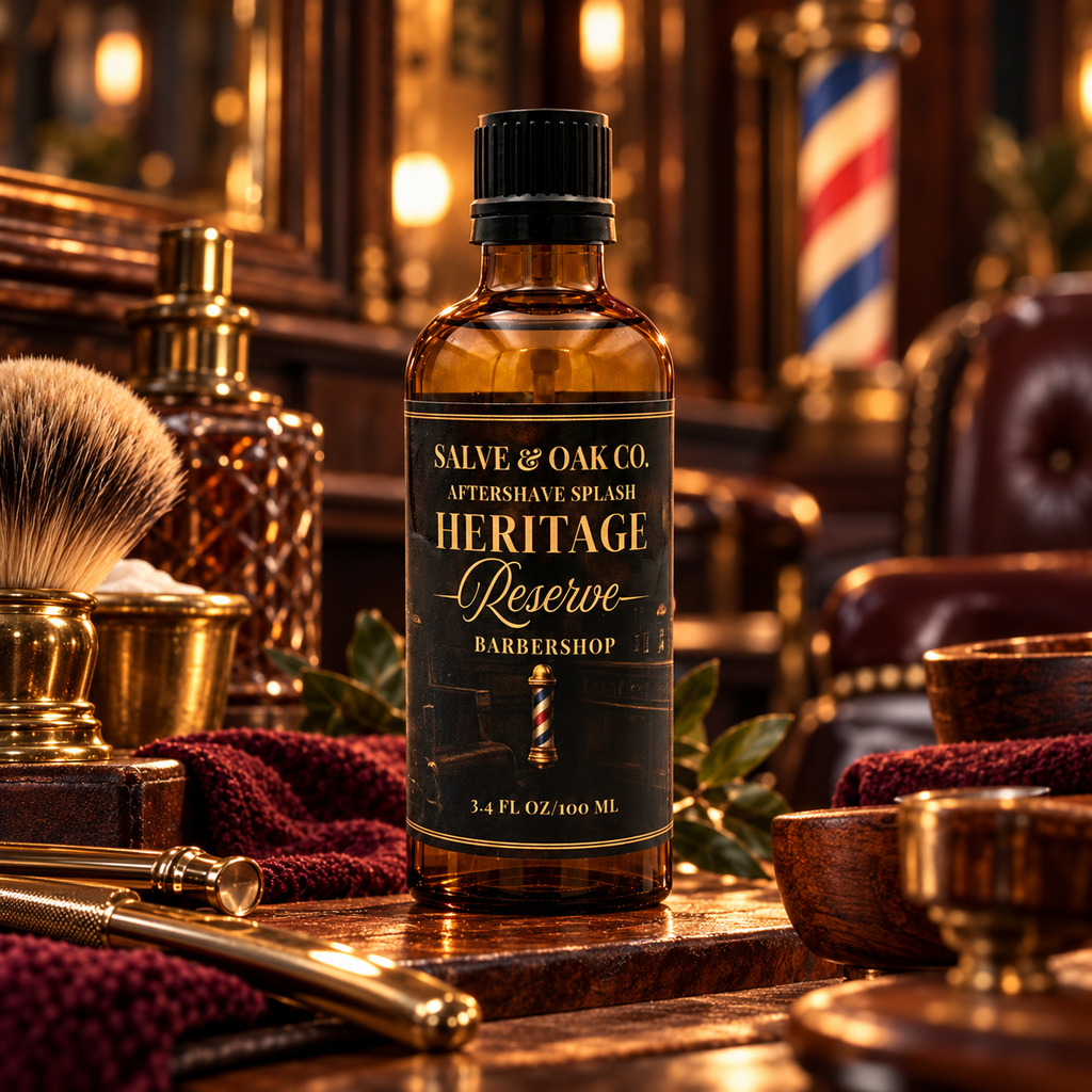 Heritage Reserve aftershave splash displayed in a classic vintage barbershop setting