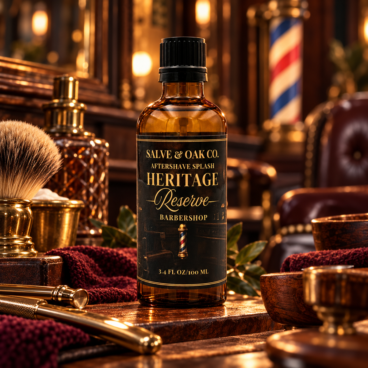 Heritage Reserve aftershave splash displayed in a classic vintage barbershop setting