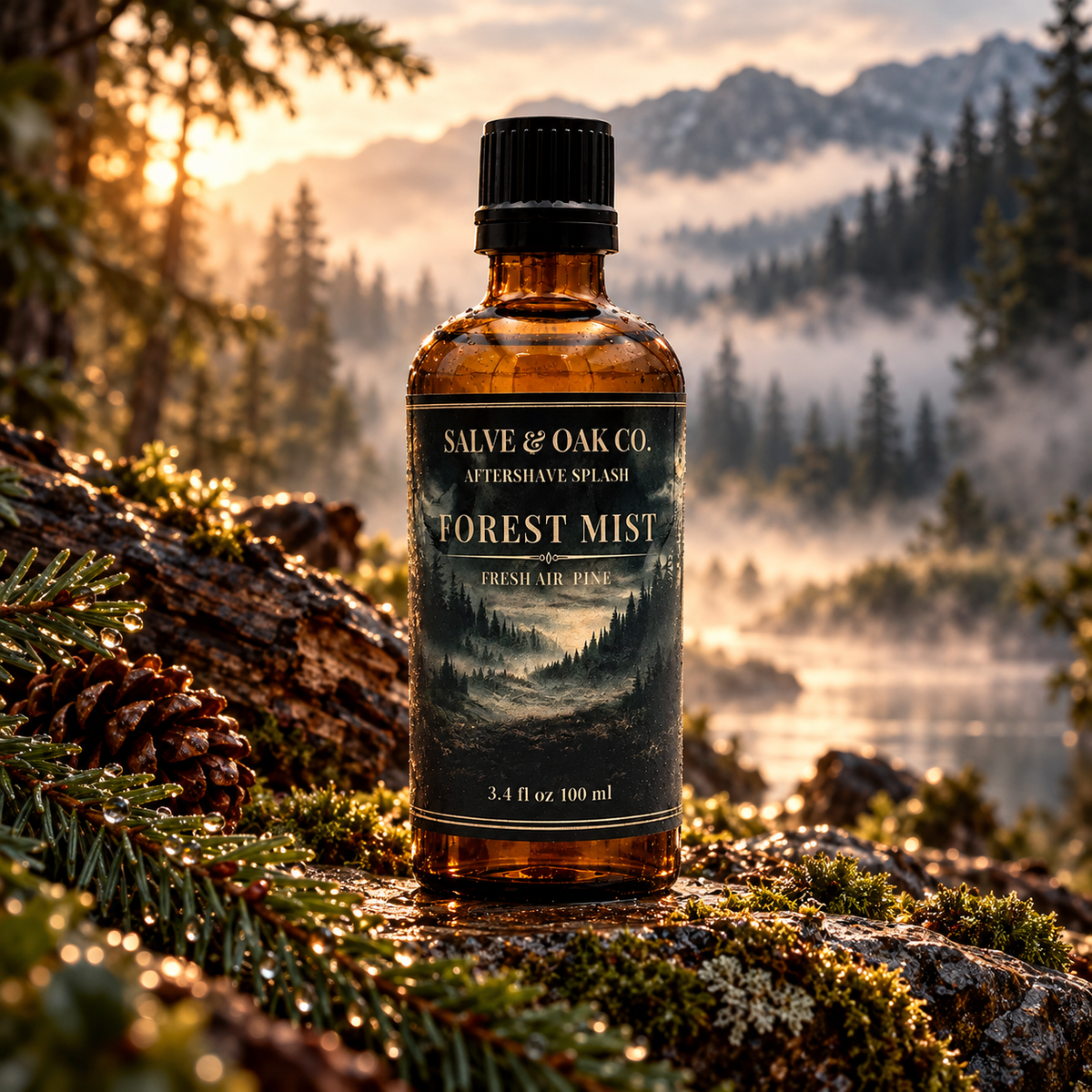 Forest Mist aftershave splash among pine branches overlooking a misty mountain forest