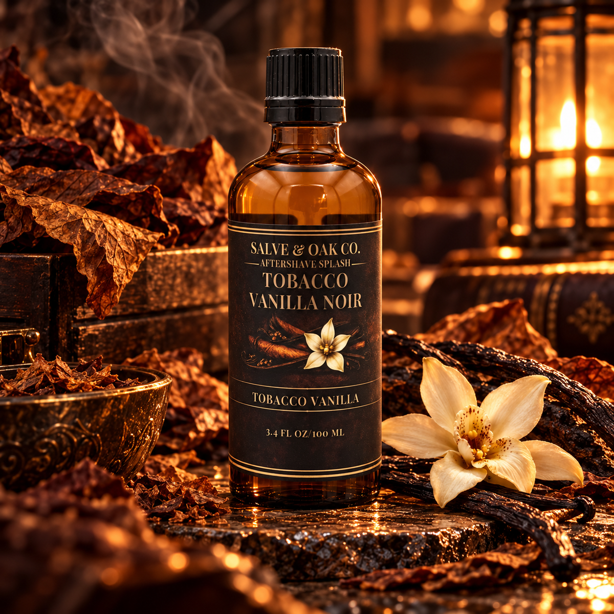Tobacco Vanilla Noir aftershave splash surrounded by tobacco leaves and vanilla