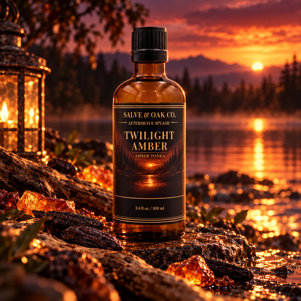 Twilight Amber aftershave splash beside a glowing lake at sunset with warm amber tones