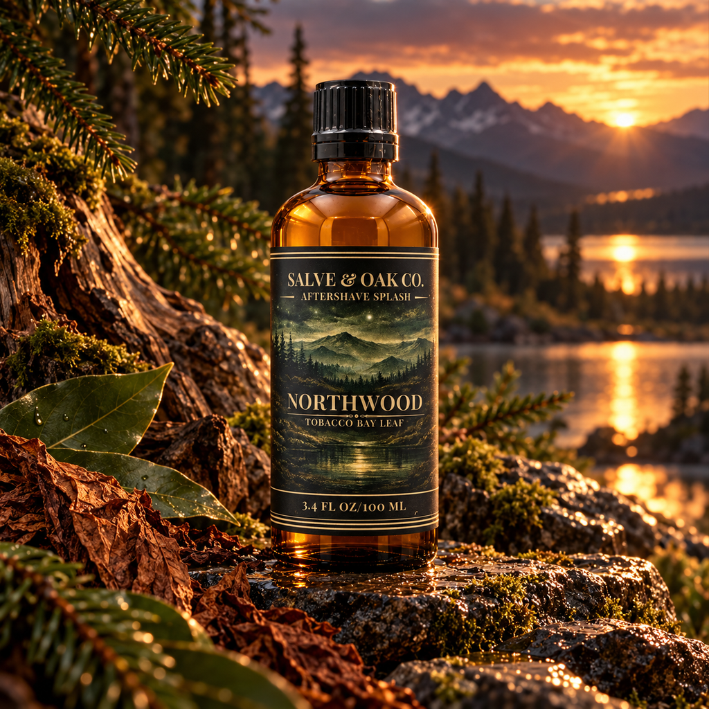 Northwood aftershave splash in a rugged mountain forest with tobacco bay leaf inspired elements