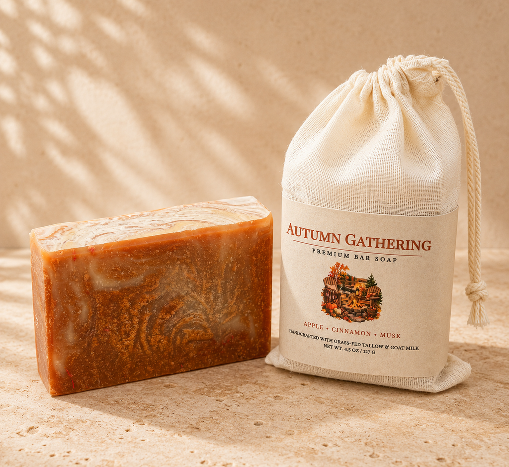 Autumn Gathering grass-fed tallow and goat milk bar soap beside its muslin packaging on a warm neutral background