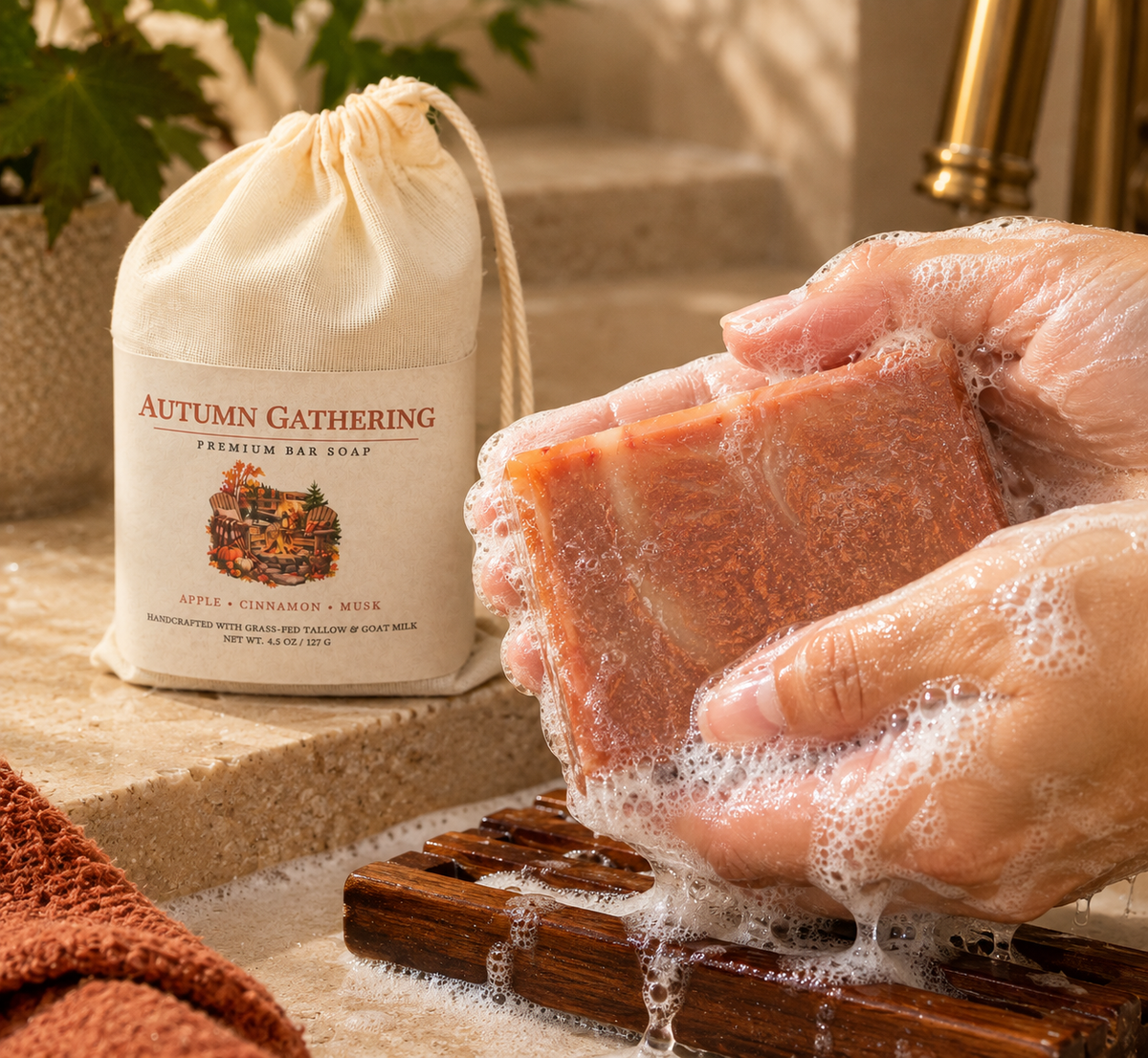 Autumn Gathering grass-fed tallow and goat milk bar soap being lathered by hand with creamy suds