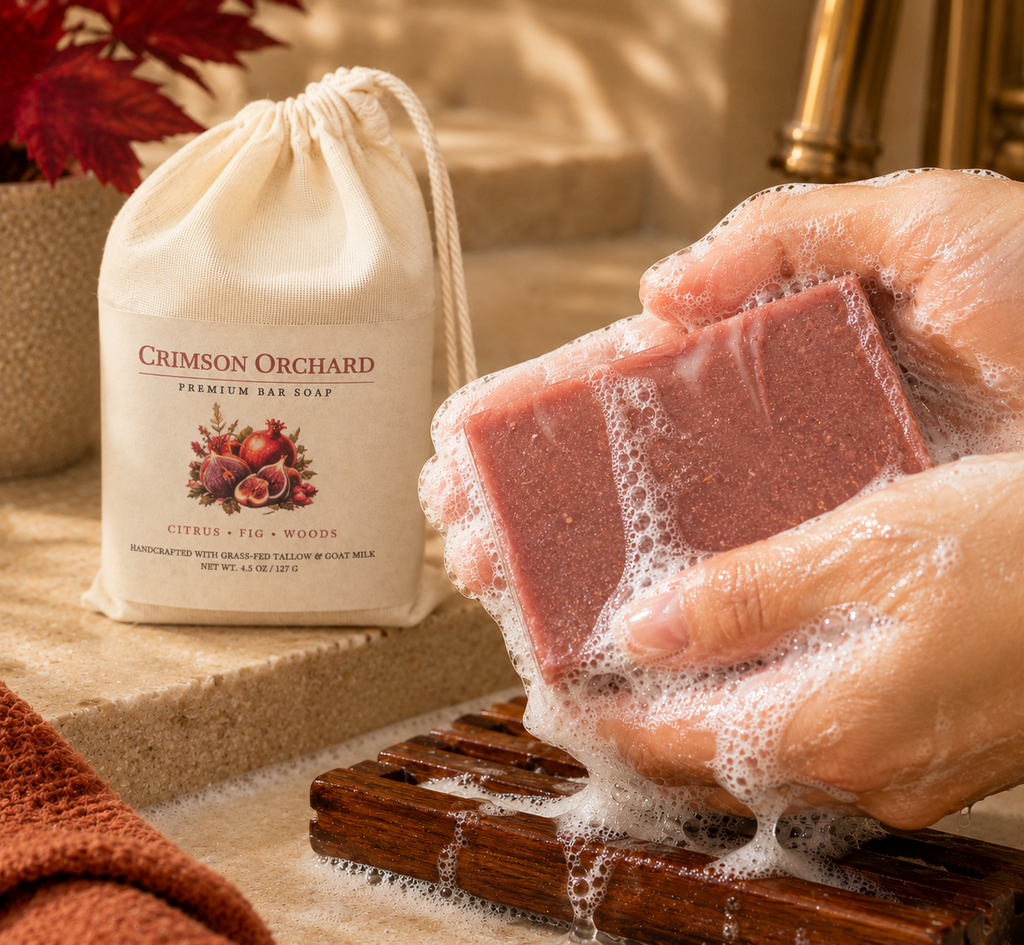 Crimson Orchard grass-fed tallow and goat milk bar soap being lathered by hand with creamy suds