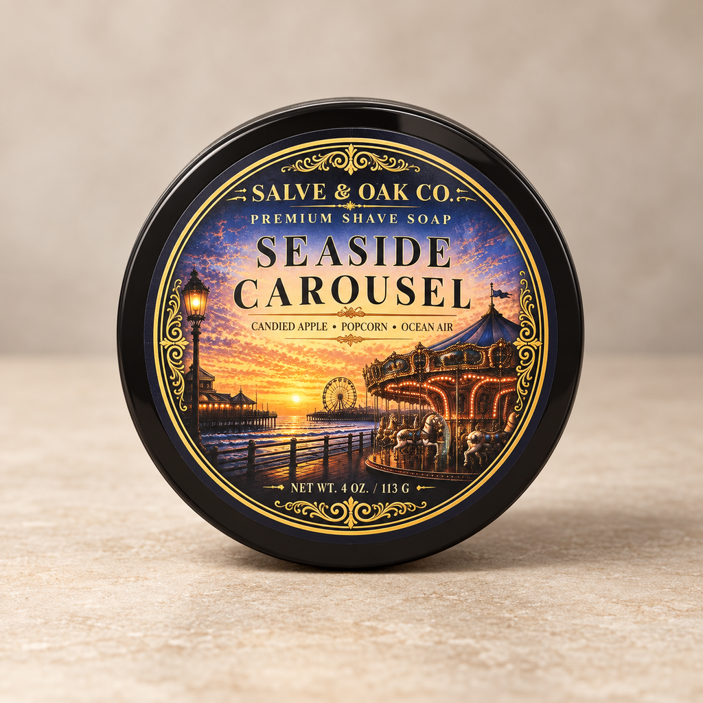 Seaside Carousel premium shave soap by Salve & Oak Co. in black tub with seaside carnival label