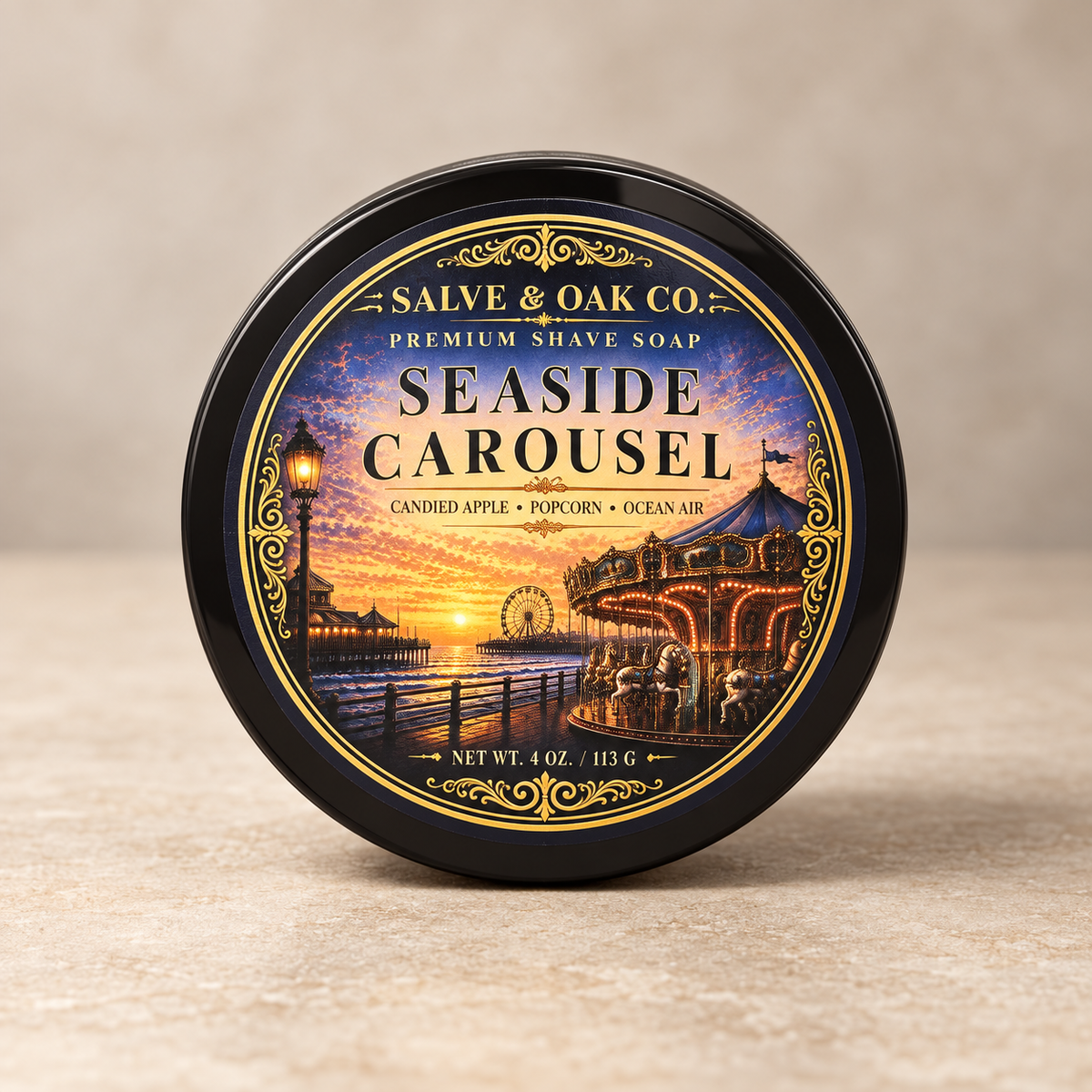 Seaside Carousel premium shave soap by Salve & Oak Co. in black tub with seaside carnival label